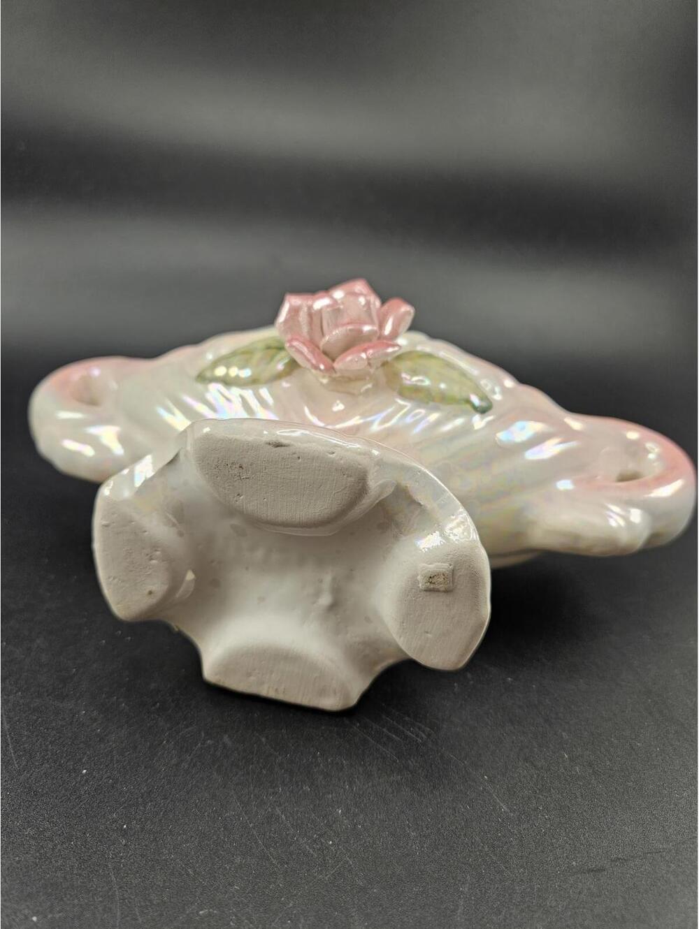 Vintage Pink Lusterware Footed Vanity Dish Rose & Leaf - Bridgerton Regencycore - Picture 6 of 15